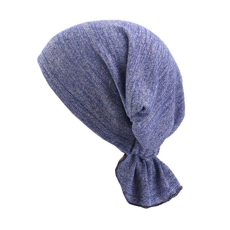 Ever Fairy 3 Colors Chemo Cancer Head Scarf Hat Cap Ethnic Cloth Print Turban Headwear Women Women's Ruffle Beanie Scarf (Grey-purple-navy Blue) - Image 4